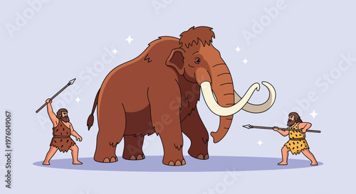 Cavemen hunting a woolly mammoth in prehistoric times Vector illustration.