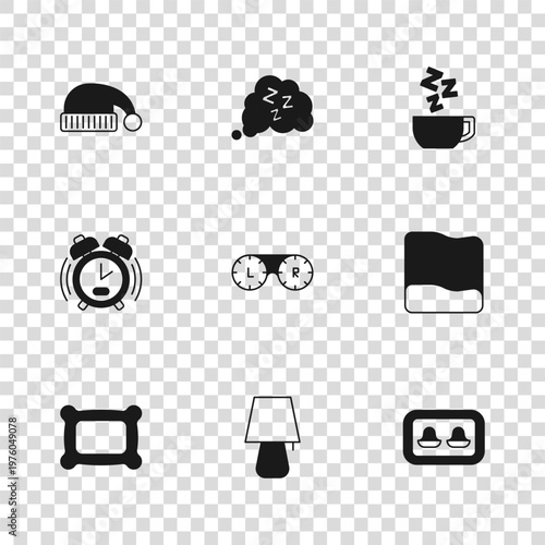 Set Table lamp, Pillow, Earplugs with storage box, Contact lens container, Chamomile tea, Sleeping hat, Sleepy and Alarm clock icon. Vector