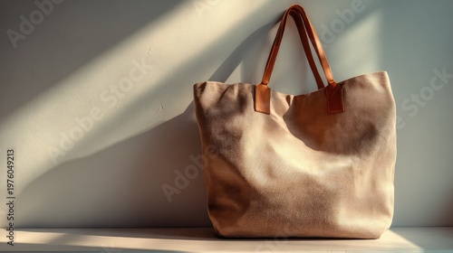 photorealistic minimal tote bag on clean surface with soft light, simple composition, 