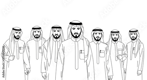 Group of Arab men in traditional attire looking forward.