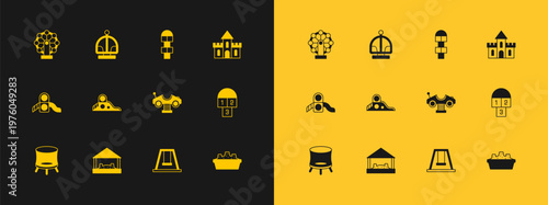 Set Sand castle, Sandbox with sand, Swing car, for kids, Slide playground, Hopscotch, Ferris wheel and Attraction carousel icon. Vector