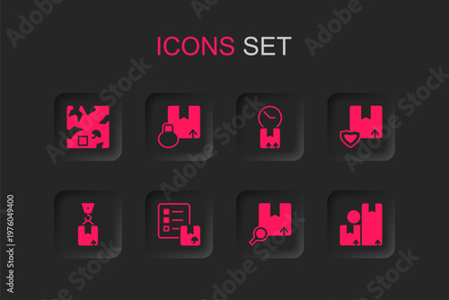 Set Verification of delivery list, Carton cardboard box, Broken, Search package, Delivery security with shield, Cardboard clock and Crane icon. Vector