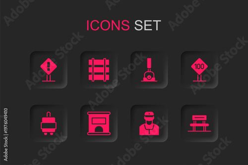 Set Ticket office to buy tickets, railroad track, Exclamation mark in square, Train conductor, Speed limit traffic sign 100 km, Waiting hall, Arrow for switching the railway and Suitcase icon. Vector