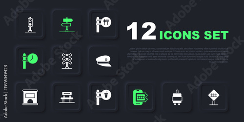 Set Suitcase, Railroad crossing, Online ticket booking, Train station clock, Waiting hall, Road traffic sign and Cafe and restaurant location icon. Vector