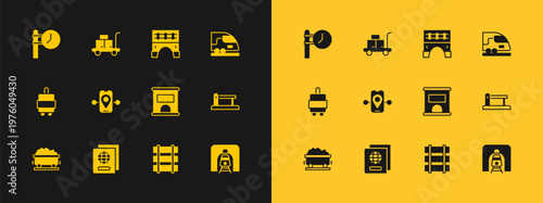 Set High-speed train, Passport, Ticket office to buy tickets, Railway, railroad track, Route location, Bridge for, Train station clock and Trolley suitcase icon. Vector