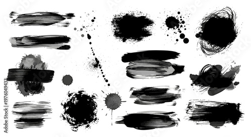 Collection of Various Black Ink Brush Strokes Splatters and Paint Dabs Isolated on White Background