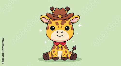 Cute Baby Giraffe Wearing Cowboy Hat and Bandana.
