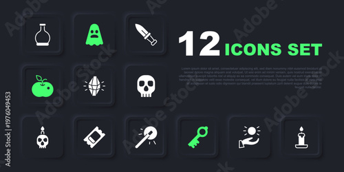 Set Ball levitating above hand, Burning candle, Magic stone, Old magic key, Poison apple, Circus ticket, Ghost and wand icon. Vector