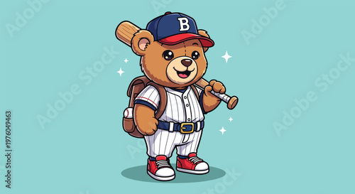 Cute Bear Character Dressed as Baseball Player Holding Bat.