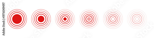 Pain concentric circle icon set. Inflammation pulse signal. Ache mark. Hurt relief. Red ripple circles. Health graphic wave sign. Body disease target. Headache, muscular pill. Vector illustration