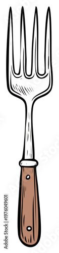 Hand Drawn Dining Fork with Rustic Wooden Handle Kitchen Utensil Illustration