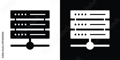 Minimalist vector icon of a stacked server unit with a network connection node. Symbolizes local area networks, data centers, and IT infrastructure connectivity.