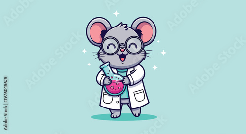 Cute cartoon mouse scientist holding a beaker.