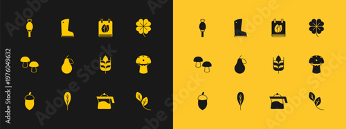 Set Four leaf clover, Leaf, Wheat, Teapot, Pear, Calendar with autumn leaves, Opium poppy and Waterproof rubber boot icon. Vector