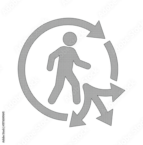 Walking man icon with circular arrows, person choosing direction symbol, grey human figure vector