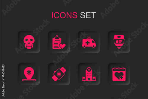 Set Smart watch with heart, Patient record, Skull, Hospital building, IV bag, Doctor appointment, Ambulance car and Location hospital icon. Vector