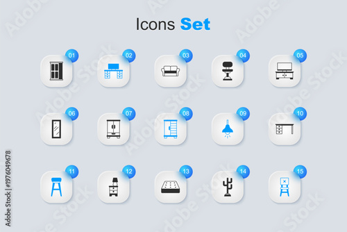 Set Coat stand, Wardrobe, Office desk, Chair, and icon. Vector