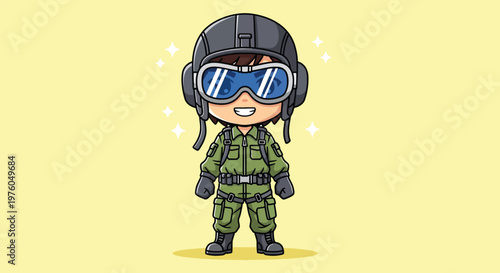 Cute Cartoon Pilot Character Standing with Helmet and Goggles.