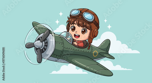 Cute Cartoon Pilot Flying a Vintage Airplane in the Sky.