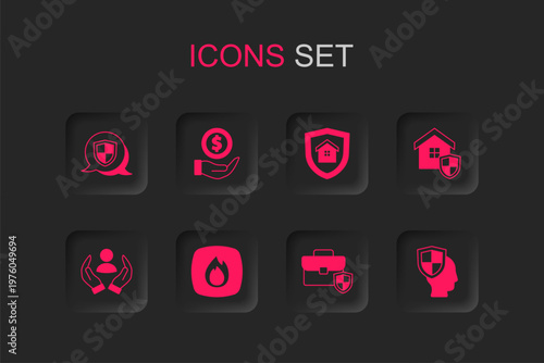 Set Fire flame, Money with shield, Shield, Briefcase, House, Life insurance, and icon. Vector