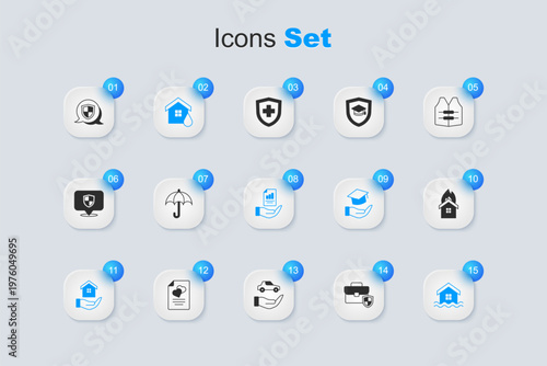 Set Briefcase with shield, Umbrella, House flood, in hand, Fire burning house, Shield and Contract icon. Vector