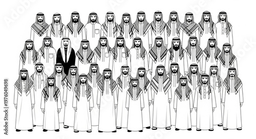 Group of Arab men in traditional attire, one in a suit, standing together.