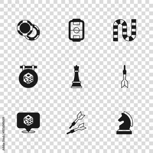Set Dart arrow, Chess, Board game, Casino chips, Table football and Game dice icon. Vector