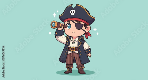 Cute cartoon pirate character with spyglass looking for adventure.