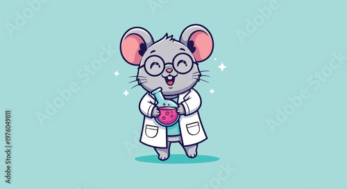 Cute cartoon scientist mouse wearing glasses and lab coat holding a beaker.