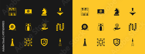 Set Whirligig toy, Board game, Game dice, Chess, Bowling pin, Backgammon board and icon. Vector