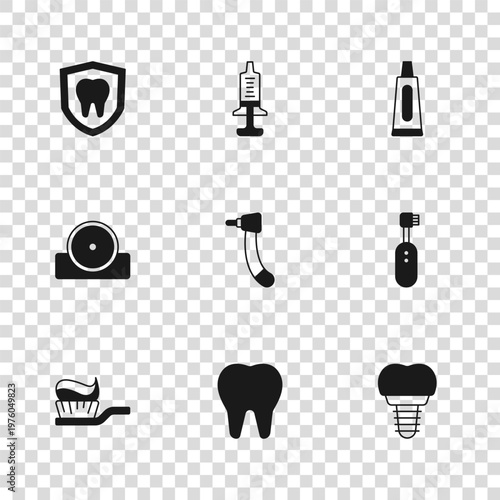 Set Tooth, Electric toothbrush, Dental implant, drill, Tube of toothpaste, protection, Syringe and Otolaryngological head reflector icon. Vector