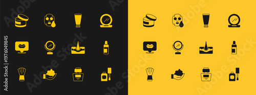 Set Makeup powder with mirror, Shaving foam on hand, Human hair follicle, Perfume, Round makeup, Cream lotion cosmetic tube, and Facial mask icon. Vector