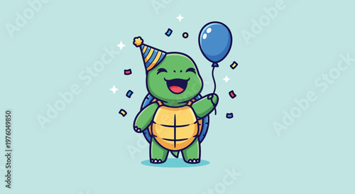 Cute cartoon turtle celebrating birthday with balloon and confetti.