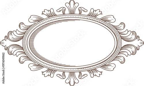Ornate oval vintage frame in detailed engraving style for decoration.