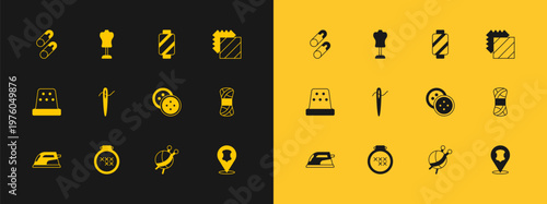 Set Layers clothing textile, Sewing button for clothes, Yarn ball with knitting needles, Needle sewing thread, spool, Closed steel safety pin and Mannequin icon. Vector