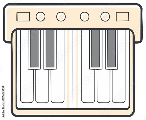 Illustration of a beige and white synthesizer keyboard with a retro aesthetic.