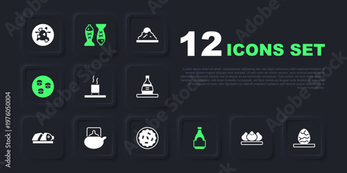 Set Dumpling, Chinese tea egg, Cup of, Soy sauce bottle, Sushi, Traditional ceremony, Served fish plate and Homemade pie icon. Vector