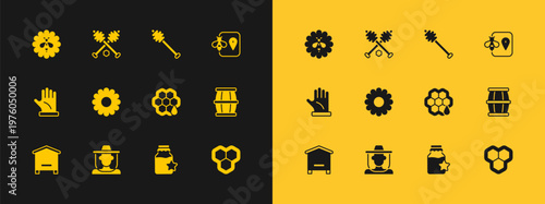 Set Bee location, Beekeeper with protect hat, Honeycomb, Jar of honey, Flower, dipper stick, flower and icon. Vector