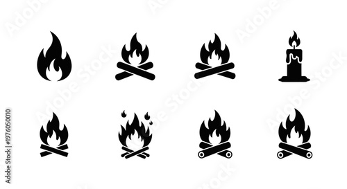 Set of Black Silhouette Icons Representing Various Fire Shapes Campfires and a Melting Candle on White Background