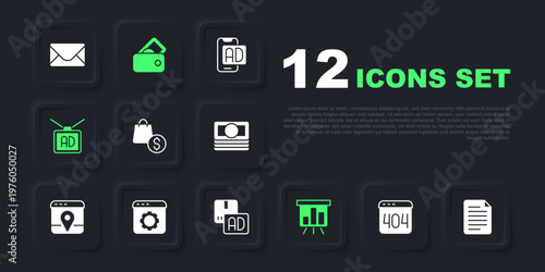 Set Page with a 404 error, File document, shopping bag and dollar, Board graph chart, Advertising, Browser setting, Wallet money and icon. Vector