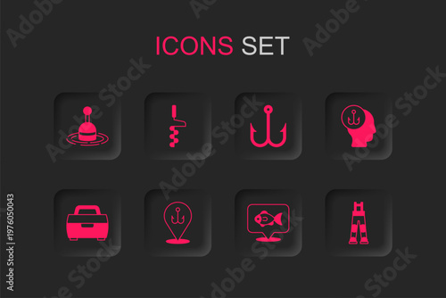 Set Fishing hook, Hand ice drill, float water, Location fishing, Fisherman, pants, and Case or box for equipment icon. Vector
