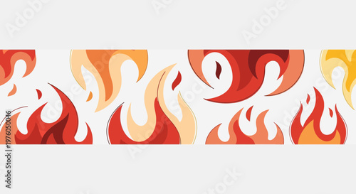 Horizontal banner featuring decorative flat vector illustration of stylized burning fire and flames in vibrant red and orange tones