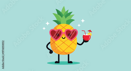 Cute pineapple character wearing heart shaped sunglasses and holding a cocktail.