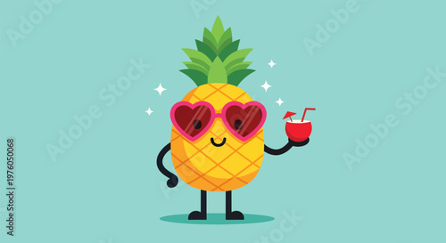 Cute pineapple character wearing heart sunglasses and holding a drink.