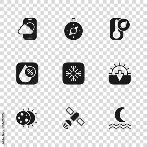 Set Satellite, Sunset, Night fog or smoke, Snowflake, Thermometer, Weather forecast app, Compass and Water drop percentage icon. Vector