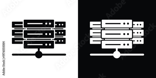 Minimalist vector icon of a stacked server unit with a network connection node. Symbolizes local area networks, data centers, and IT infrastructure connectivity.