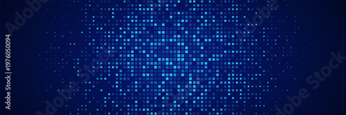 Abstract blue tech pixel background. Finance grid. Digital frame. Glowing purple squares on dark background. Business bg. Blue mosaic. Futuristic, tech-style template. Vector Illustration
