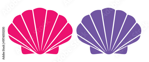 Minimalist seashell icons, pink and purple scallop shell vectors, flat beach theme graphics