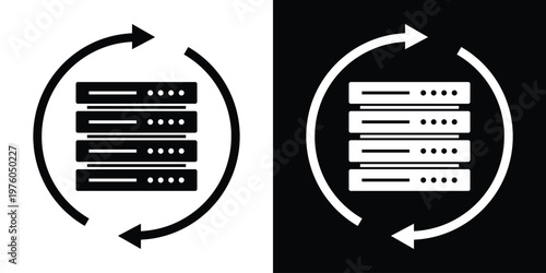Vector illustration of a server rack surrounded by circular refresh arrows. Represents data synchronization, server updates, backup processing, and system maintenance.