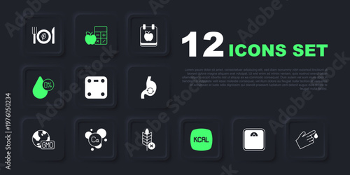 Set Bathroom scales, Finger blood, Kcal, Water balance, Calcium, Calorie calculator and Gluten free grain icon. Vector